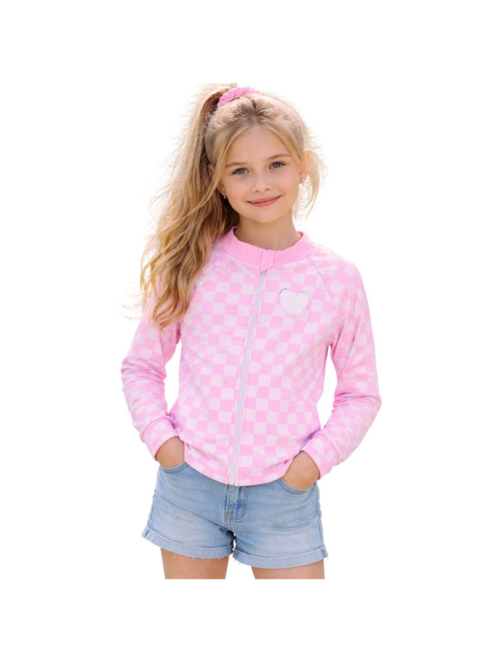 Betsey Johnson sz 10 girls pink checkered long sleeve zip up rash guard EUC